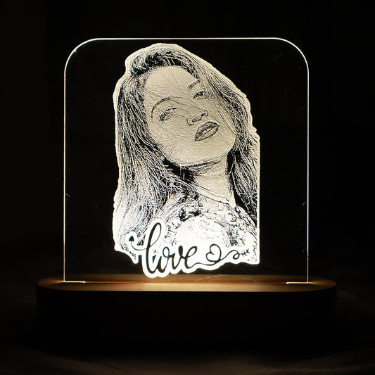 LED Acryllic Lamp Laser Engraved Photo with Wooden Base
