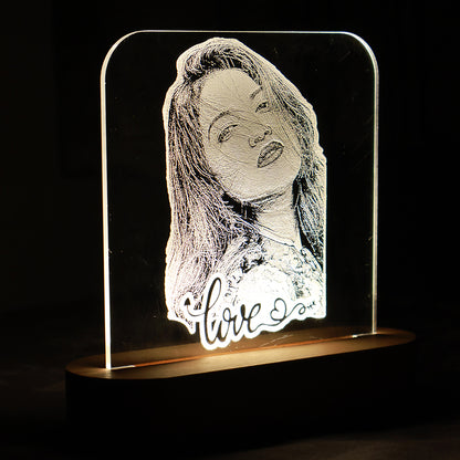 LED Acryllic Lamp Laser Engraved Photo with Wooden Base