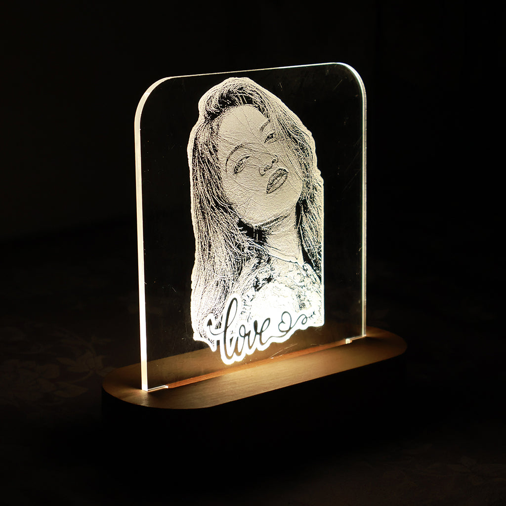 LED Acryllic Lamp Laser Engraved Photo with Wooden Base