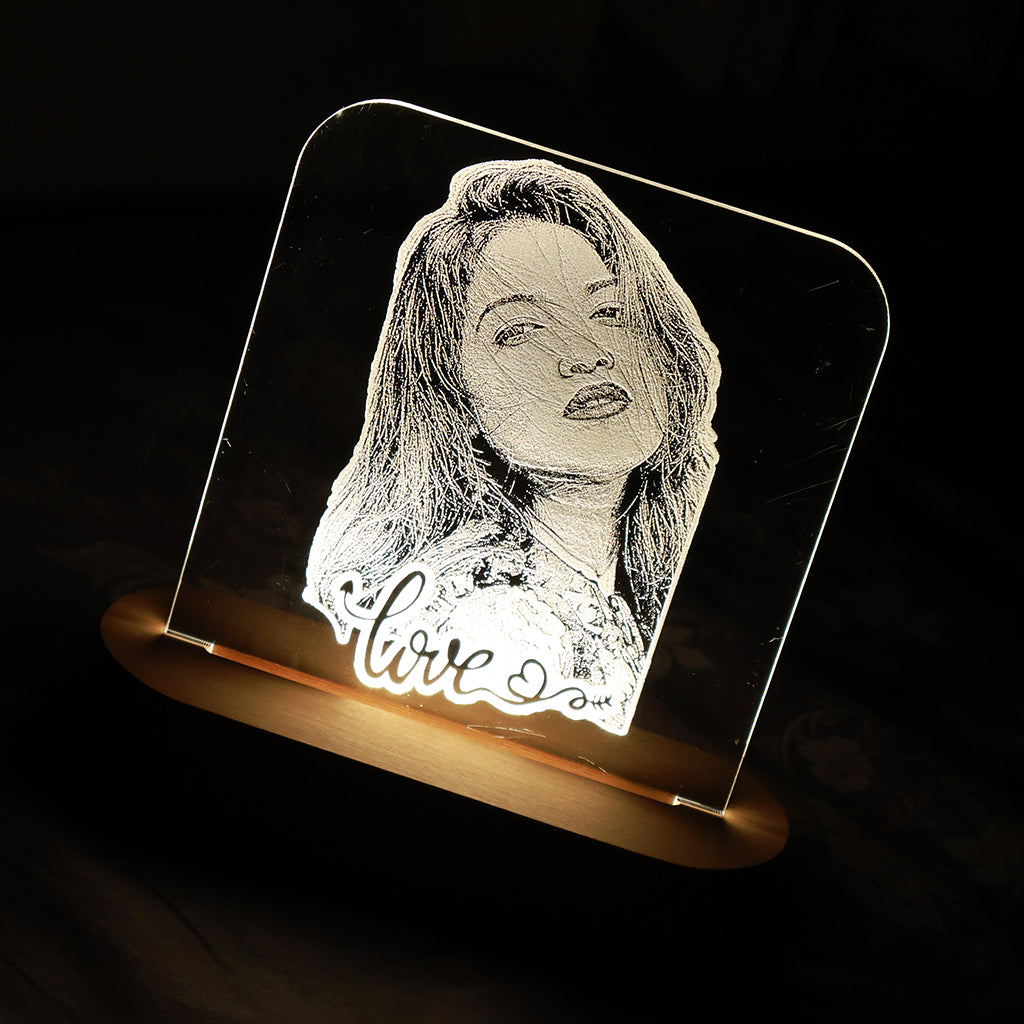 LED Acryllic Lamp Laser Engraved Photo with Wooden Base