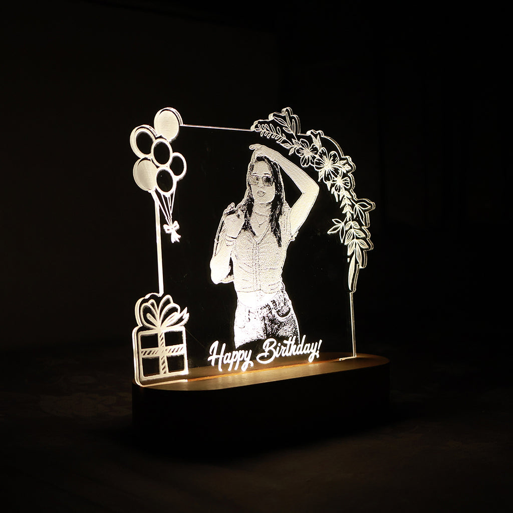 LED Acryllic Lamp Laser Engraved Photo with Wooden Base