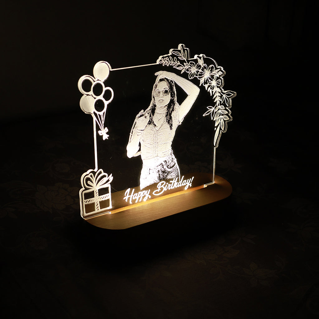 LED Acryllic Lamp Laser Engraved Photo with Wooden Base