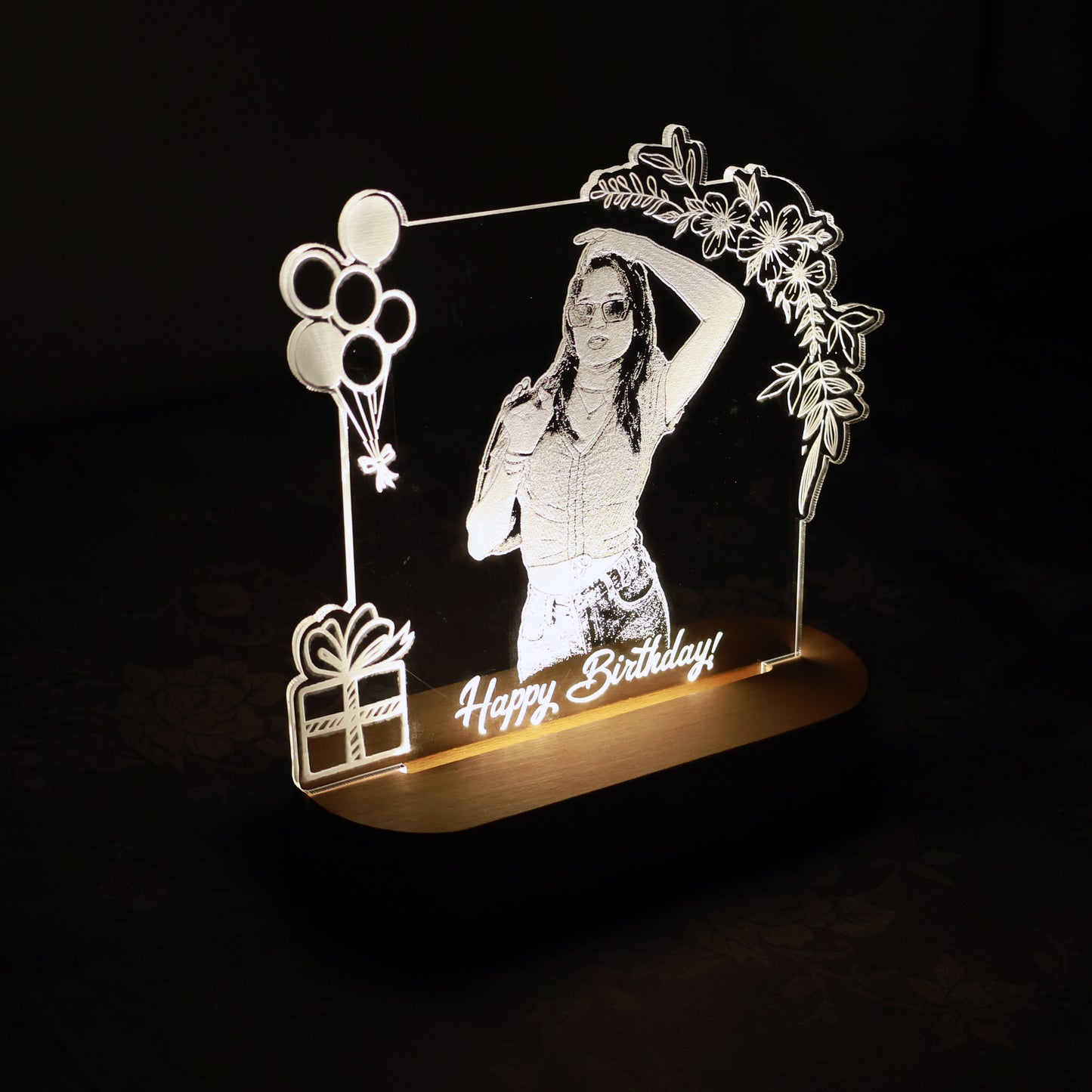 LED Acryllic Lamp Laser Engraved Photo with Wooden Base