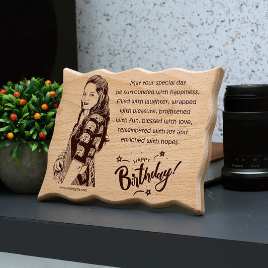 Laser Engraved Wave Shape Wooden photo frame for Happy Birthday