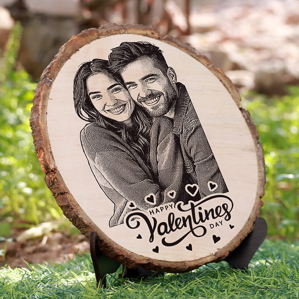 Natural Wooden Engraved Plaque with bark for Valentine's Day