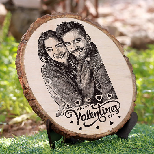 Natural Wooden Engraved Plaque with bark for Valentine's Day