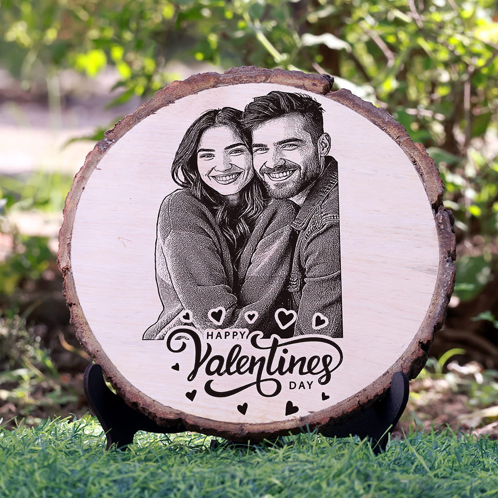 Natural Wooden Engraved Plaque with bark for Valentine's Day