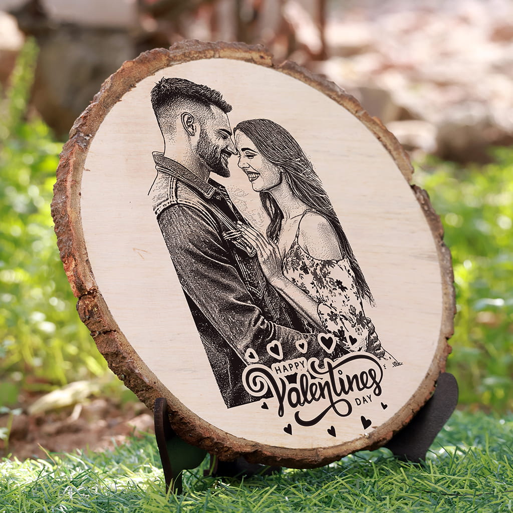 Natural Wooden Engraved Plaque with bark for Valentine's Day