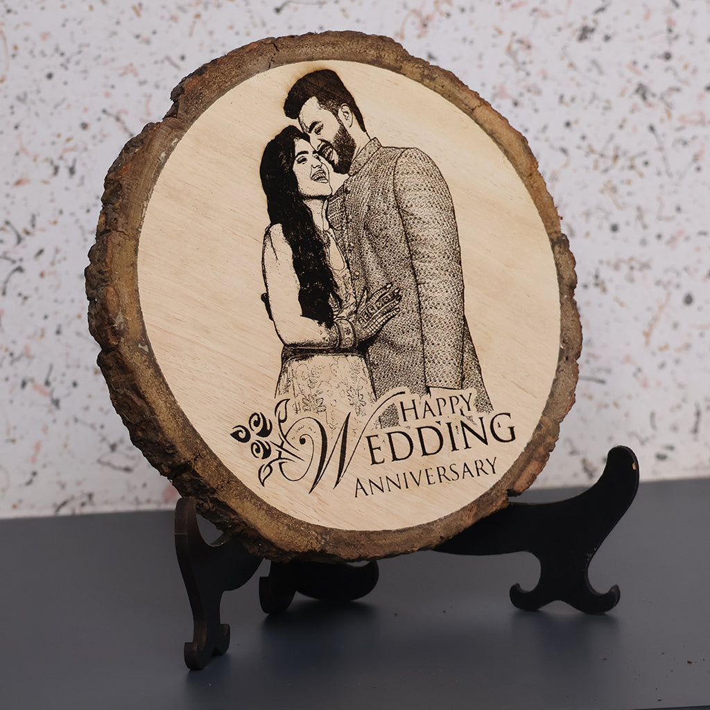 Natural Wooden Engraved Plaque with bark for Wedding Anniversary