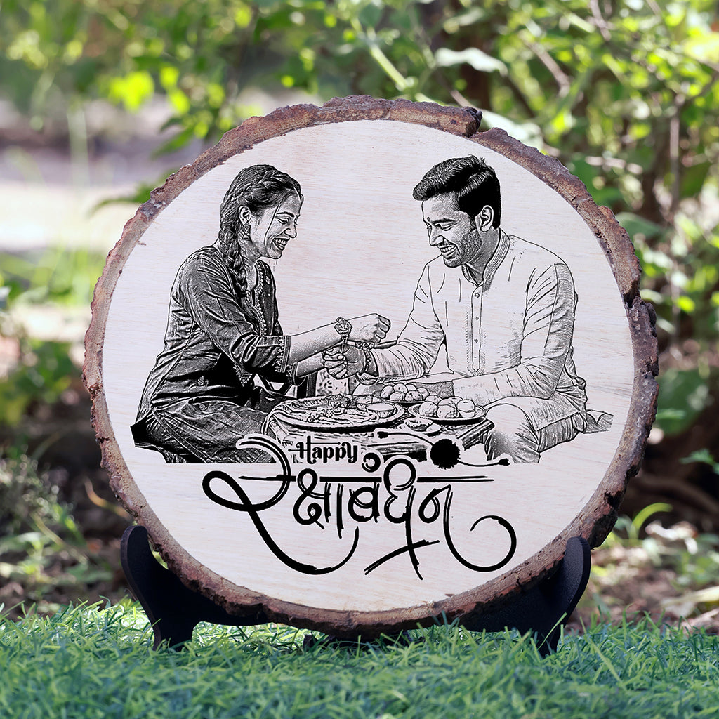 Natural Wooden Engraved Plaque with bark | RakshaBandhan