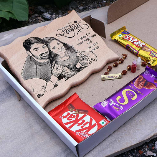 RakshaBandhan Gift Combo with Wave Shape Wooden Frame and Rakhi
