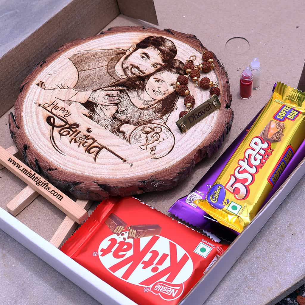 RakshaBandhan Gift Combo with Wooden Slice and Rakhi