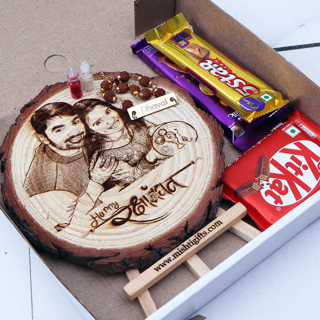RakshaBandhan Gift Combo with Wooden Slice and Rakhi