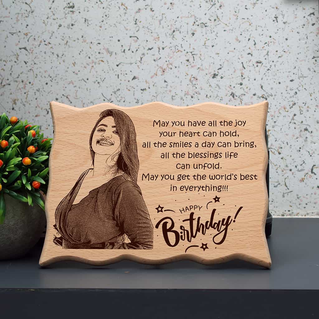 Laser Engraved Wave Shape Wooden photo frame for Happy Birthday