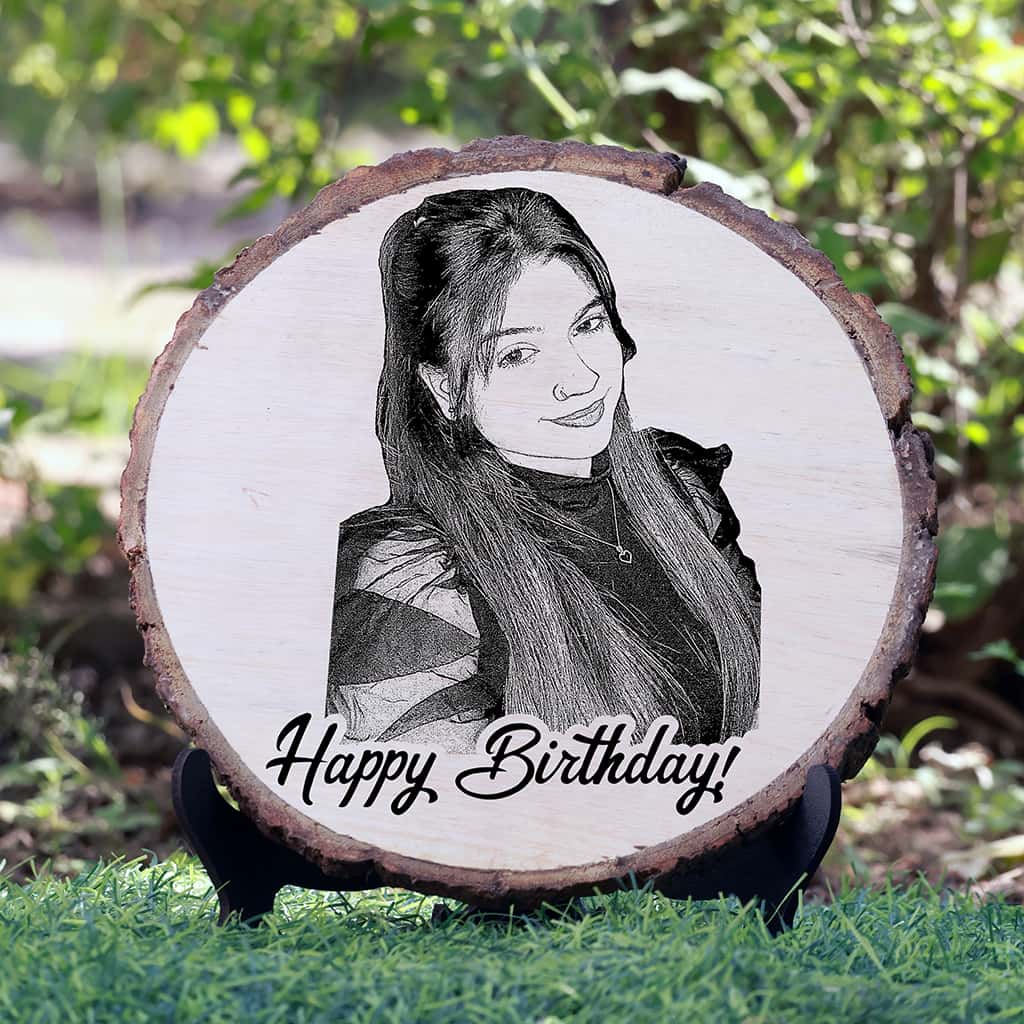 Natural Wooden Engraved Plaque with bark for Birthday