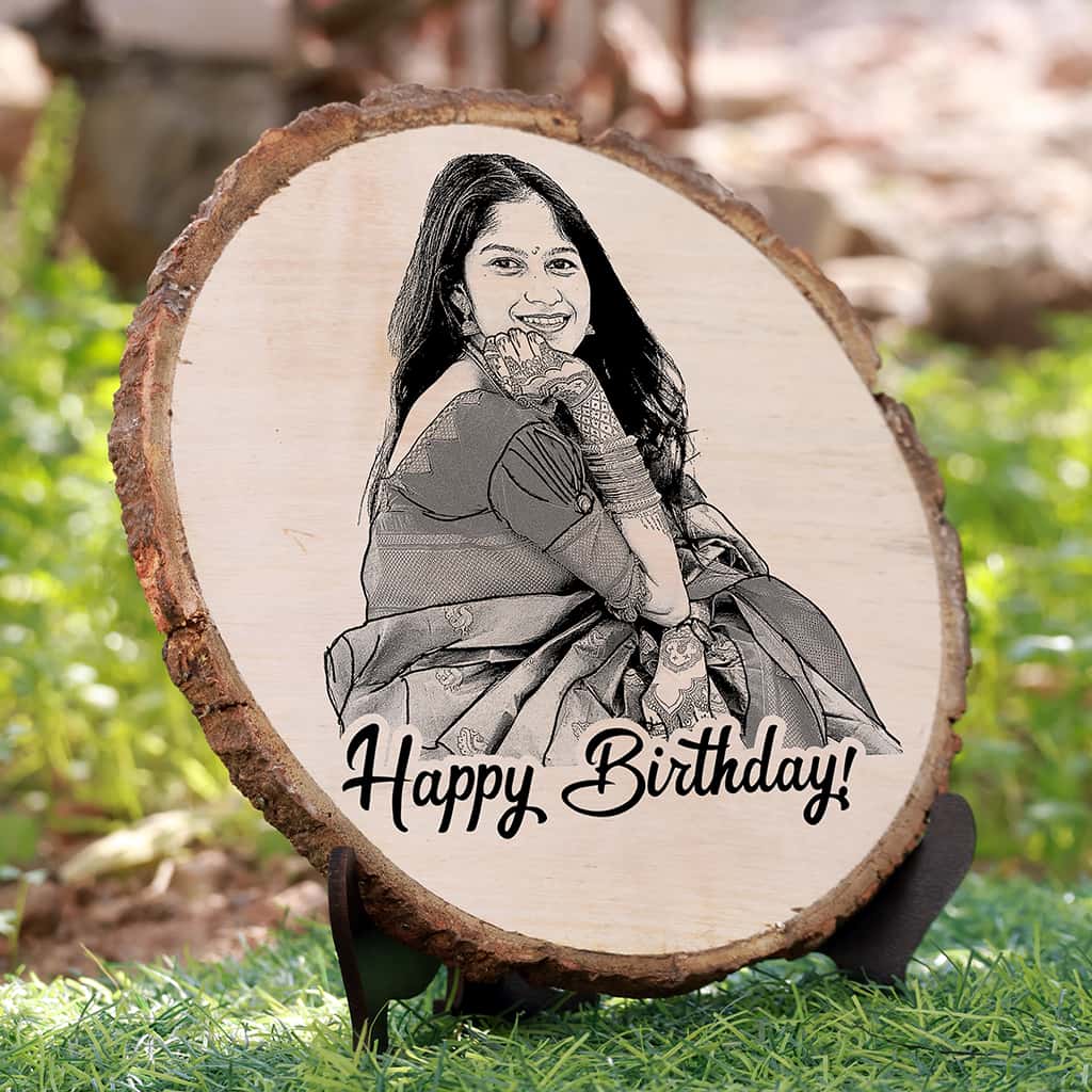 Natural Wooden Engraved Plaque with bark for Birthday