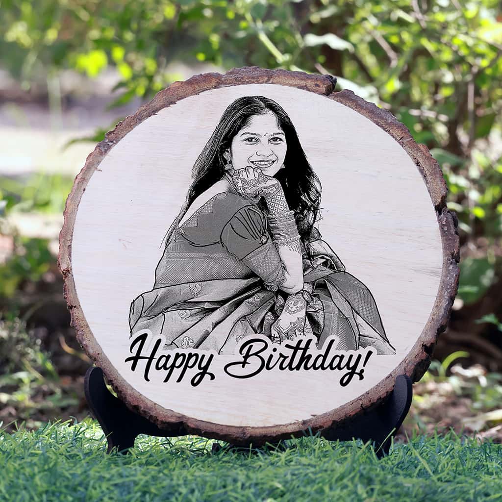 Natural Wooden Engraved Plaque with bark for Birthday